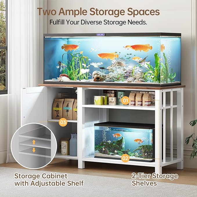 55-75 Gallon Fish Tank Stand with Power Outlet & Adjustable Shelf, Heavy Duty Aquarium Stand with Cabinet Storage for Fish Tank, Turtle Tank, Reptile Terrarium, 1000LBS Capacity, White