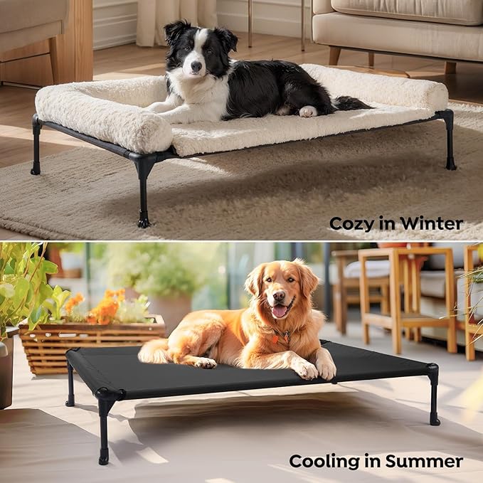 Veehoo Cooling Elevated Dog Bed Add Removable Deluxe Rose Plush Bolster Cushion Mat, 35" x 22" Washable Dog Couch Bed, Raised Pet Cot with Breathable Teslin Mesh, No-Slip Feet, White, CWC2439B