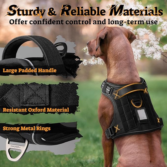 rabbitgoo Dog Harness Medium Sized No Pull, Tactical Service Pet Vest with Molle and Control Handle, Adjustable and Reflective Military Harness for Easy Walking and Training, Black, M