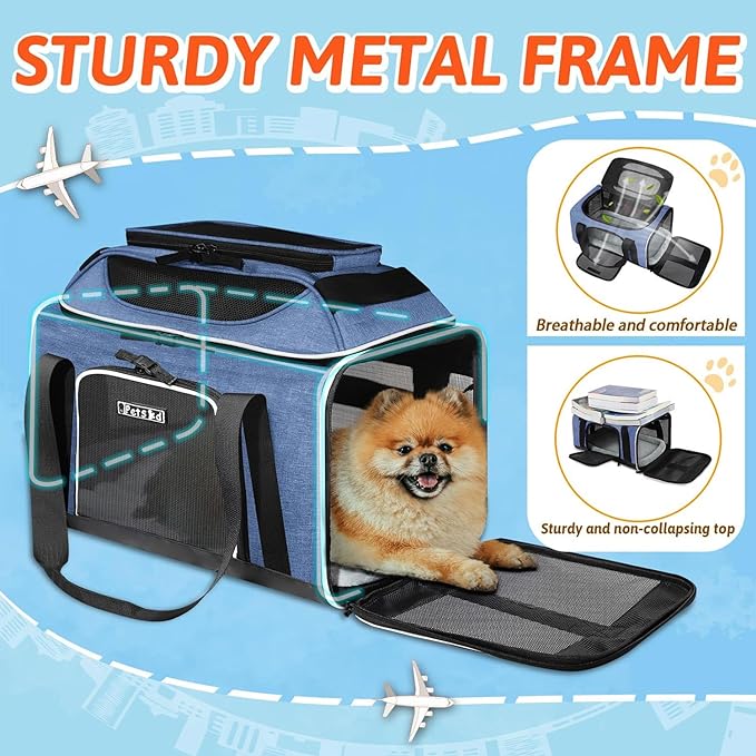 Petskd Top-Expandable Pet Carrier 17x11x9.5 Inches Alaska Airline Approved, Soft-Sided Carrier for Small Cats and Dogs with Locking Safety Zippers and Anti-Scratch Mesh(Blue)
