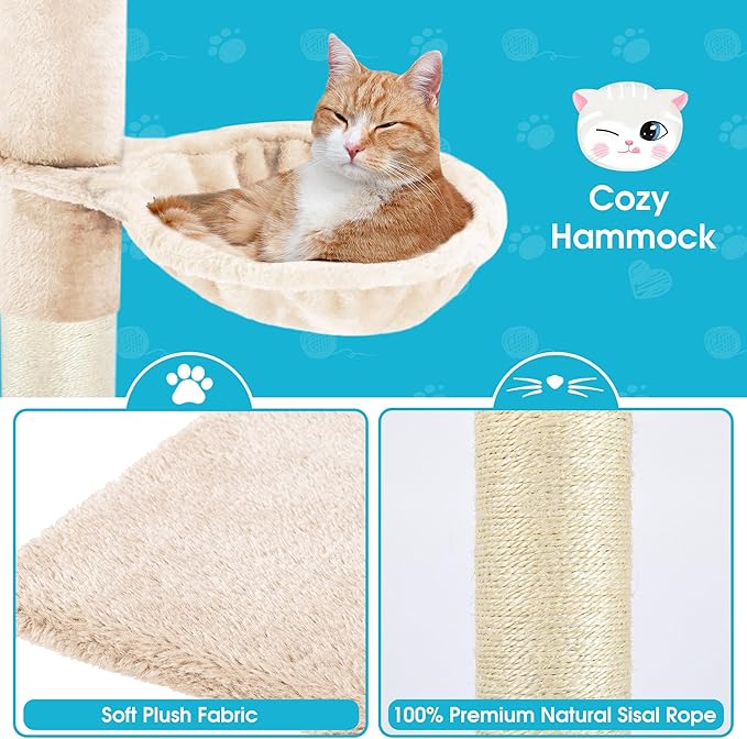 Cat Tree 5-Tier Floor to Ceiling, 89-109 Inch Adjustable Height Cat Tower with Cozy Hammock, Cat Climbing Tree for Indoor Cats, Beige