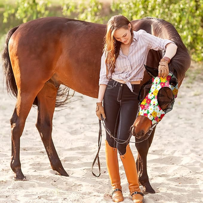 Chunful 6 Pcs Horse Fly Masks for Horses with Ears Smooth and Comfortable Fly Masks Cashel Fly Mask Elasticity Horse Face Mask Horse Masks Covering for Horses Riding Supplies(Large, Floral)