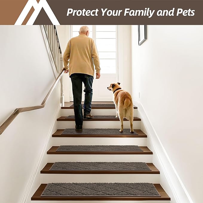 COSY HOMEER Edging Stair Treads Non-Slip Carpet Mat 28inX9in Indoor Stair Runners for Wooden Steps, Edging Stair Rugs for Kids and Dogs, 100% Polyester TPE Backing (15pc, Brown)