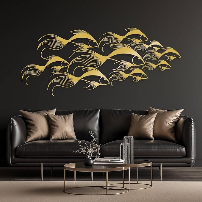 School of Fish Metal Wall Art, Metal Fish Wall Decor, Sea Life Wall Art, Large Nautical Wall Hanging, Modern Beach House Wall Decor, Ocean Themed Artwork for Bathroom (White, 41"x18" | 105x45cm)