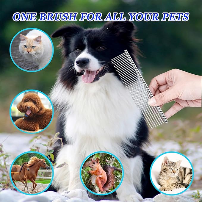 Dog Comb and Cat Combs Stainless Steel Teeth, Grooming Tool for Long & Short Hair, Dematting Comb for Dogs, Removes Tangles & Knots (Small and Large Silver)
