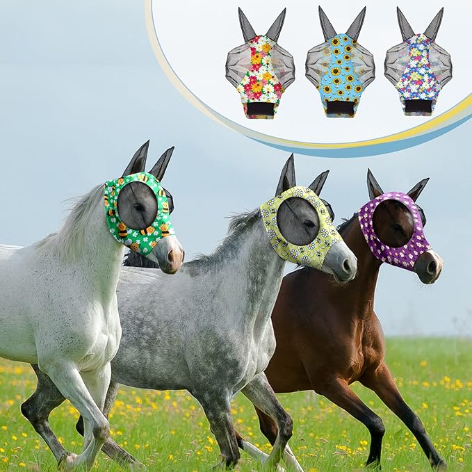 Chunful 6 Pcs Horse Fly Masks with Ears Smooth and Comfortable Cashel Mesh Fly Mask Elasticity Breathability UV Protection Horse Face Covering for Riding Supplies(Floral,Medium)