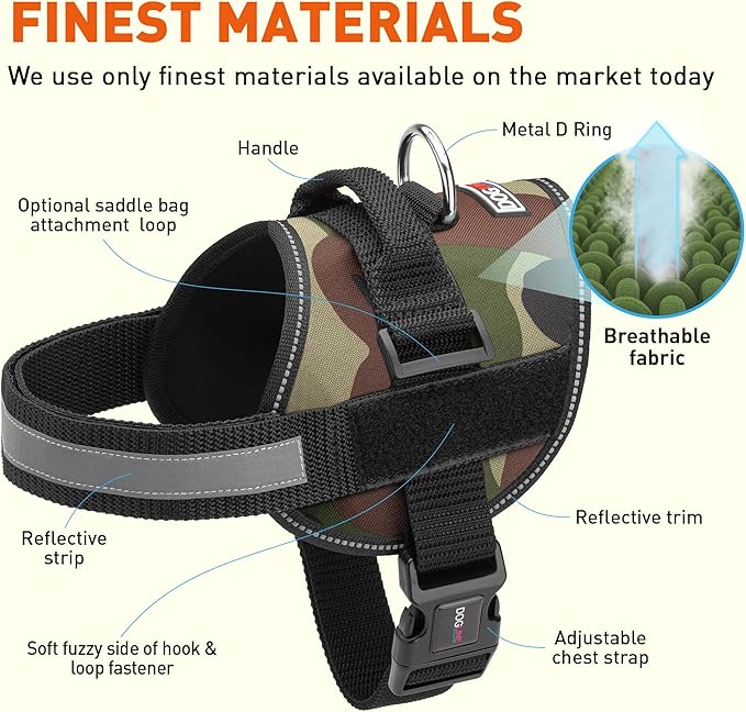 Dogline Dog Harness, Reflective No-Pull Adjustable Vest with Handle for Walking, Training, Breathable, No - Choke Harness for Small, Medium or Large Dogs Room for Patches Girth 15 to 18 in Green Camo