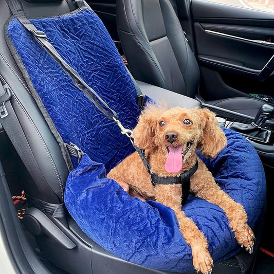 Dog Car Seat for Small Medium Dogs Up to 40lbs, Detachable Washable Soft Pet Booster Travel Bed for Front & Blue Seat with Safety Leash Belt