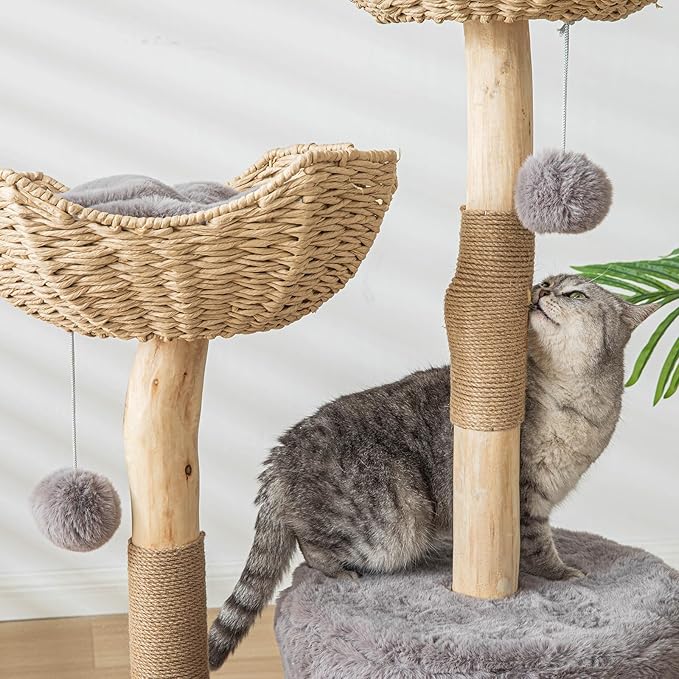Cat Tree Tower, 46 inch Modern Cat Tree for Indoor Cats Large Adult, Luxury Cat Condo with Scratching Post, Real Solid Wood Branch Indoor Boho Furniture, Climbing Tower, Gray