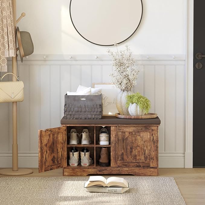 DINZI LVJ Shoe Bench, Entryway Storage Bench with Doors, Cushion, 2-Tier Shoe Rack with 6-Cubby, 31.5”L x 13.8”W Shoe Organizer Cabinet, Adjustable Shelf, Living Room, Bedroom, Rustic Brown