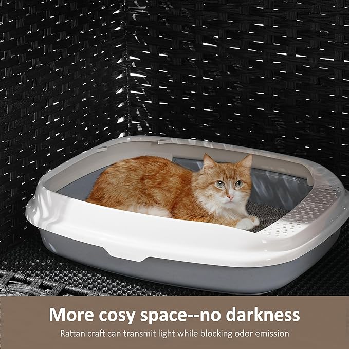 Cat Litter Box Enclosure with Soft Litter Mat; Hidden Cat Washroom Furniture with Door; Handwoven Rattan Cat House with Large Space; Pet Crate for Living Room, Bedroom, Balcony (Black)
