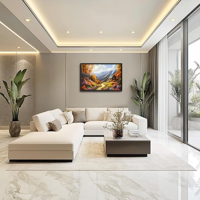 Framed Large Autumn Mountain Wall Art for Living Room, Oversized Wildflower Tree Wall Decor Nature Landscape Canvas Painting Modern Artwork Home Decoration for Living Room Bedroom 36"x24"