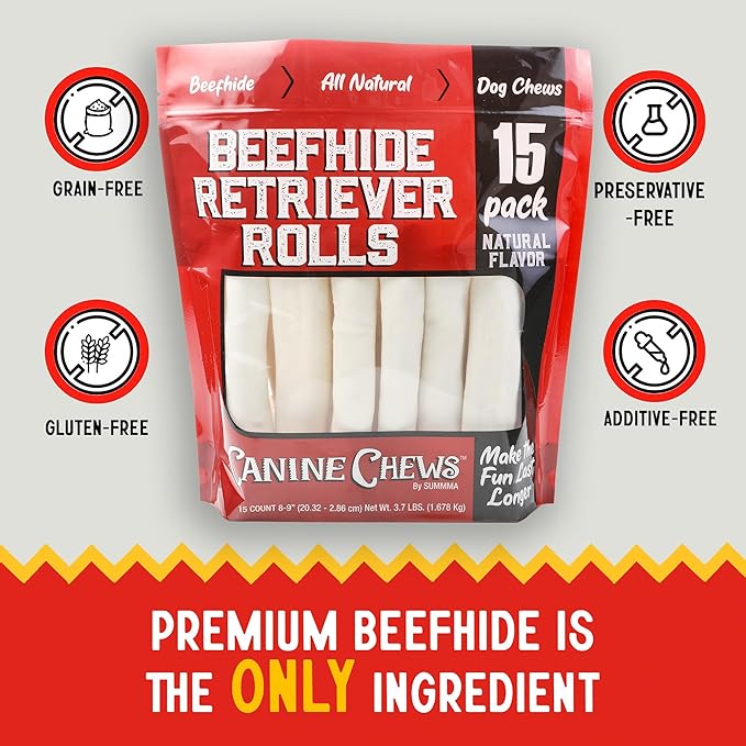 Canine Chews 8-9" Retriever Rolls for Large Dogs - Pack of 15 All-Natural Beef Hide Dog Chews for Aggressive Chewers - 3.7 lb.