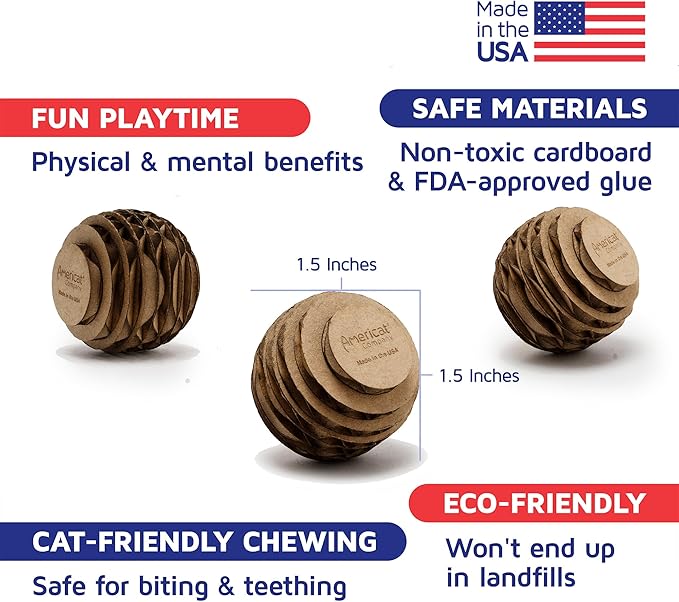 Cat Ball Toys by Americat – Made in USA – Safe Cardboard Cat Toys – for Interactive and Independent Play, Exercise & Stress Relief for All Breeds & Ages (Pack of 3 Round Balls)