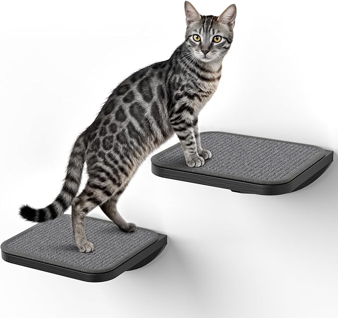 Grey Sisal-Padded Cat Wall Steps (2-Pack), Floating Wooden Cat Perch and Climbing Step Set, Wall Mounted Furniture for Jumping & Play