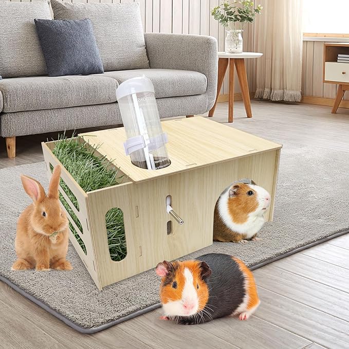 Guinea Pig Hideout Castle with Hay Feeder, Wooden Chinchilla House and Hay Rack, Small Animals Habitats Hut Accessories for Bunny, Rabbit, Hedgehog Playing Hiding, Easy Assembly