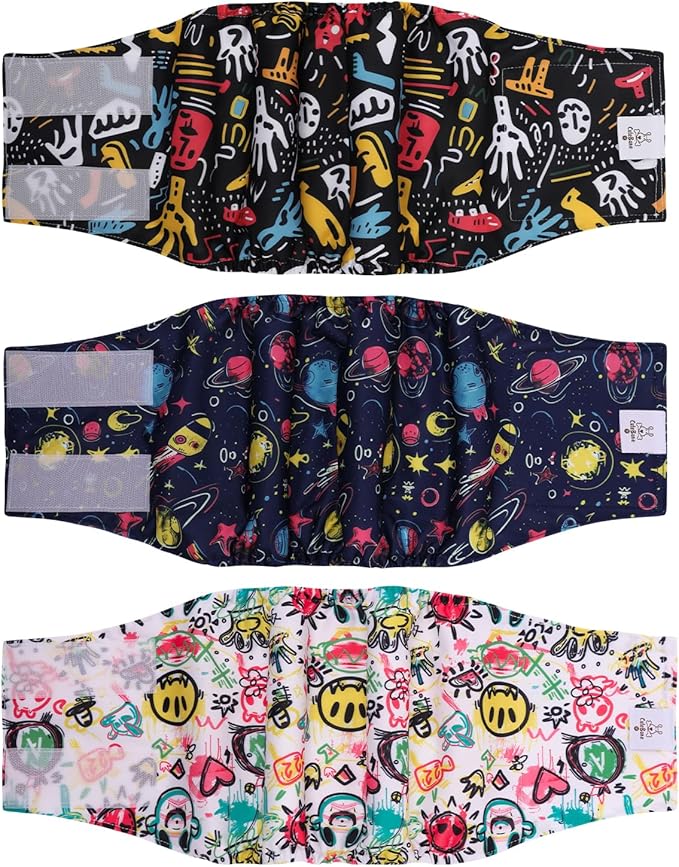 CuteBone Dog Diapers Male Washable Belly Band for Male Dogs Wraps Black 3pcs a Pack DM54M