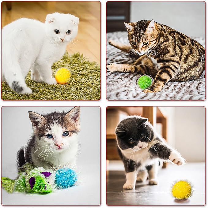 VAPKER 30 Pcs Cat Ball Toys Sparkle Balls Extra Large 2 Inch Cat's Favorite Chase Glitter Ball Glitter Tinsel Pom Poms Balls Light Blue Color
