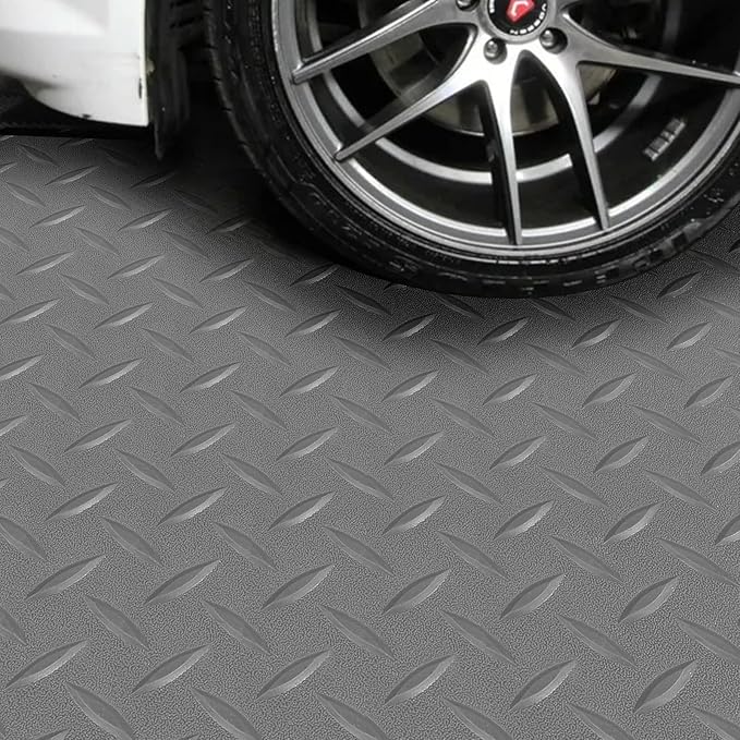 Boshen 7.5Ft x 17Ft Rubber Flooring Mats 2.9mm Thickened Diamond Plate Flooring Roll 127.5sqft Rubber Trailer Garage Floor Mats Non-Slip Floor Protector Mat for Garage Warehouse Gym Basement-Gray