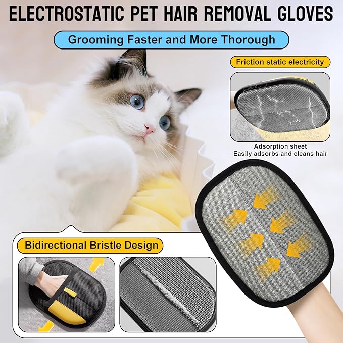 5PCS Pet Hair Removal Glove Set for Cats & Dogs, Newly Electrostatic Pet Hair Gloves, Reusable Cat Dog Grooming Gloves Magic Brush Pet Hair Remover Tool for Furniture Couch Carpet Car Seat Clothes