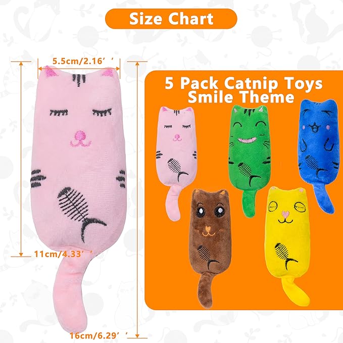 Catnip Toys for Indoor Cats, 5 Pack Cat Toys for Cats, Fluffy Catnip Toys for Chewing Playing, Interactive Kitten Toys, Catnip Filled Kitty Chew Teething Toys, Cat Chew Toys (Smile,5 Pack)