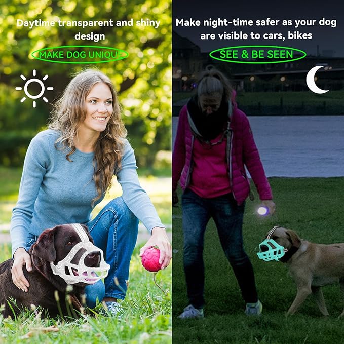 Glow-in-The-Dark Dog Muzzle, Basket Muzzle for Small Medium Large Dogs,Anti-Biting Chewing, Lightweight Cage Design,Allows Drinking & Panting,for Grooming & Training (Transparent Size M)
