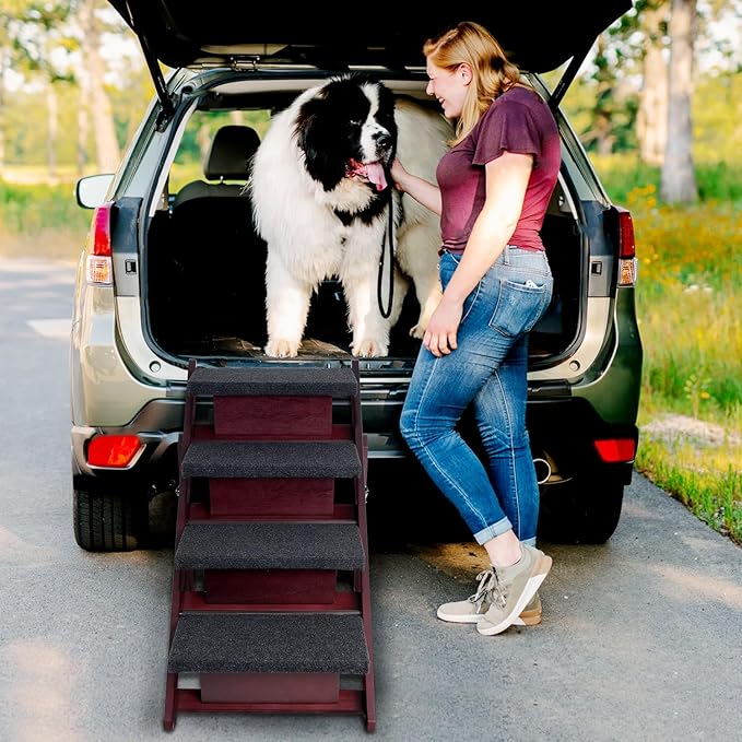 BRIKY Wooden Dog Stairs/Steps - Foldable 4 Steps Dog Steps for High Bed Couch Cars, Non-Slip Pet Stairs for Small Large Medium Dogs and Cats, No Assembly Required