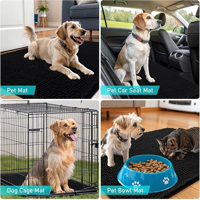 OLANLY Dog Door Mat for Muddy Paws 30x20, Absorbs Moisture and Dirt, Absorbent Non-Slip Washable Doormat, Quick Dry Chenille Mud Mat for Dogs, Entry Indoor Entryway Carpet for Inside Floor, Black