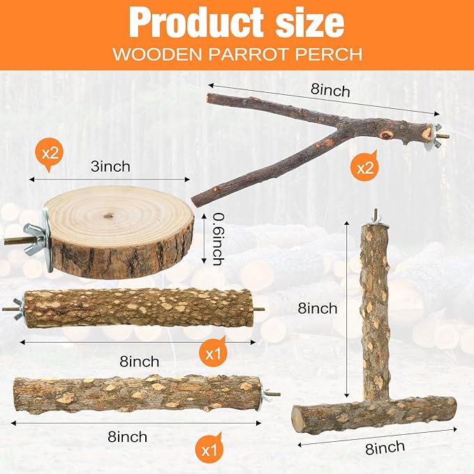 Bird Perch Stand, Pole Standing Natural Wood Bird Perch Set 7PCS Paw Grinding Fork Parrot Cage Branch with Rope Cage Accessories Toys for Parakeets, Cockatiels, Conure, Budgies