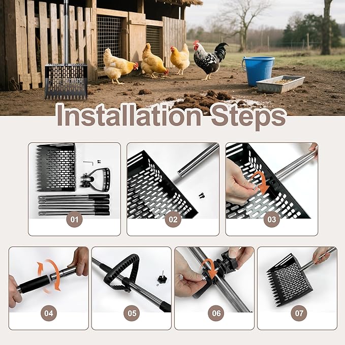 Chicken Poop Scooper - Metal Sifting Shovel & Rake 2-in-1 with Adjustable Stainless Steel Handle (37"-65"), Sand Shovel for Chicken Coops, Farm Animal Waste