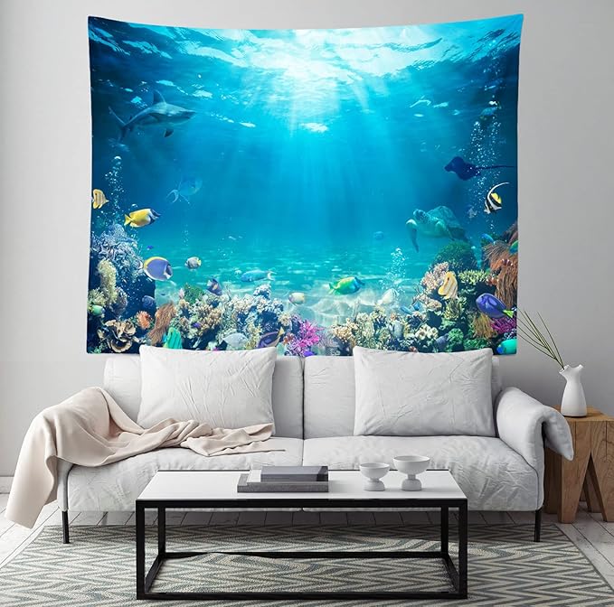 Loccor Underwater World Tapestry Blue Ocean Wall Hanging Under the Sea Coral Reef Wall Tapestry 60X50 Inches Tropical Fish Tank Undersea Tapestries Marine Wall Art for Bedroom Living Room Dorm Decor