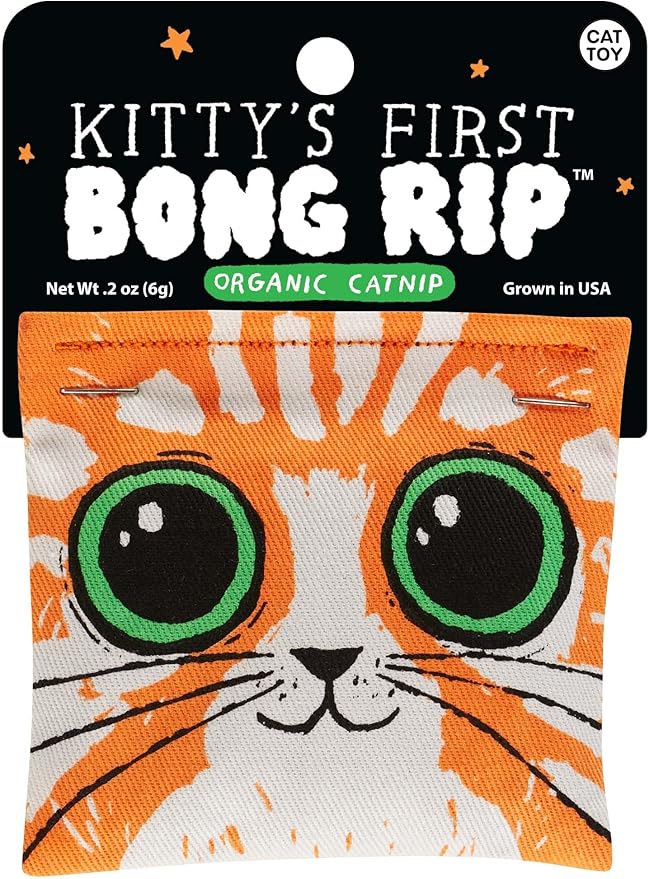 Blue Q Kitty's First Bong Rip Catnip Cat Toy. Premium Organic Catnip Grown in The USA, 100% Cotton Pouches, Kitty Graphics Sure to Delight Every Cat-Keeper.