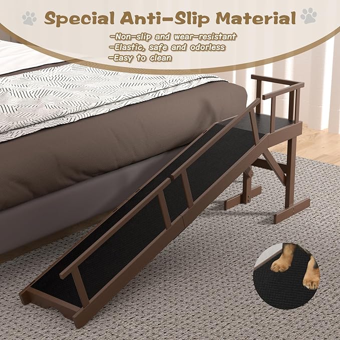 61" Dog Ramp for Bed, Pet Ramp with Removable Side Rail and Non-Slip Surface, Pet Ramp for Small & Large & Senior Dogs with Rest Platform and DIY Glow Strips,Dog Stairs for Couch, Brown