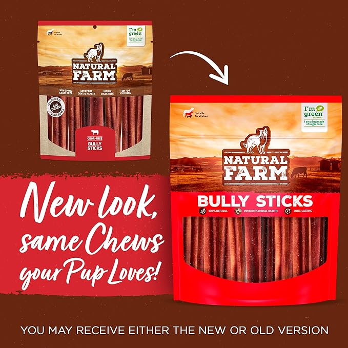 Natural Farm Jumbo Bully Sticks (6 Inch, 4 Pack), Odor Free, Extra-Thick Dog Chews - Fully Digestible 100% Beef Treats, Supports Dental Health, Keep Your Dog Busy with 50% Longer Lasting Chews