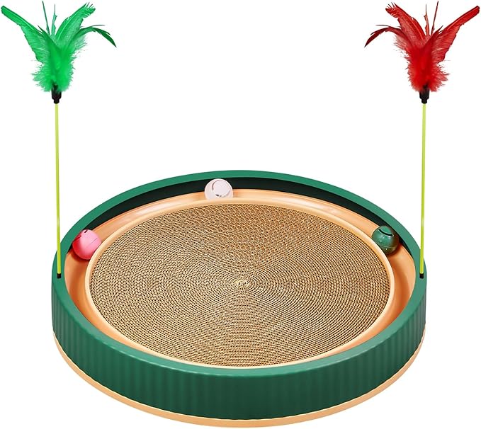 20-Inch Round Cat Scratcher with Ball Track – 3-in-1 Cardboard Scratching Pad with Feather Toy & Non-Slip Base – Interactive Cat Toy for Indoor Cats, Kittens & Large Cats (Green)