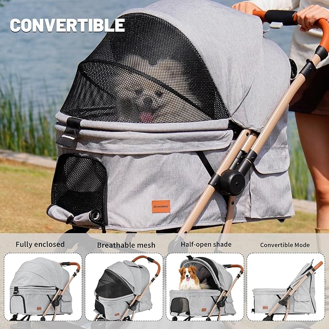 EchoSmile Small Medium Dogs Stroller 4-Wheel Pet Strollers for Medium Dogs Up to 50lbs, One Click Folding Large Cat Stroller, Reversible Handle, Shock Absorbing Wheels, Removable Washable Pad