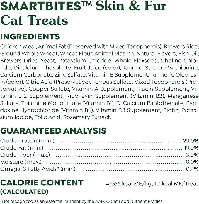 Greenies Feline Smartbites Skin & Fur Health Crunchy and Soft Cat Treats, Chicken Flavor, 16 oz. Tub