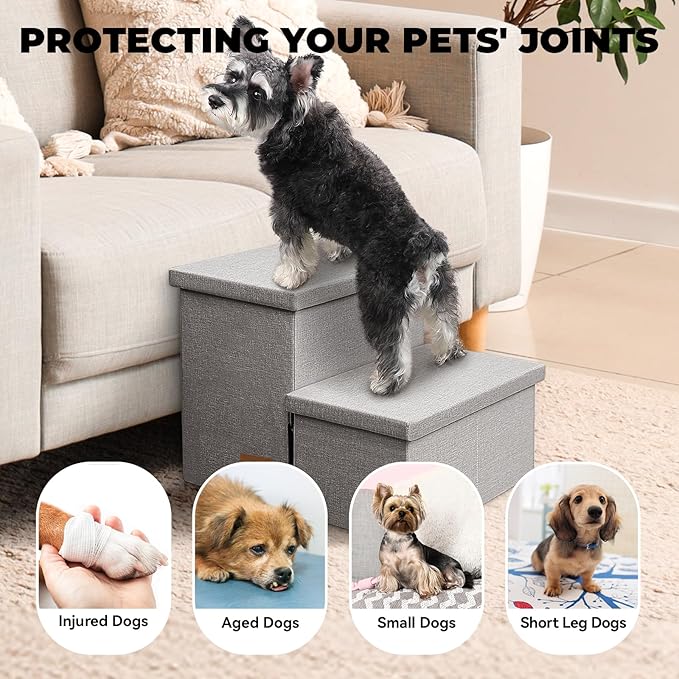 Dog Stairs with Storage 12" H, 2-Step Wider Dog Steps for Dogs Cats, Folding Sturdy Pet Stairs Climbing Sofa Couch, Ramp for Car Hold Up to 150 lbs (Gray, No Condo)