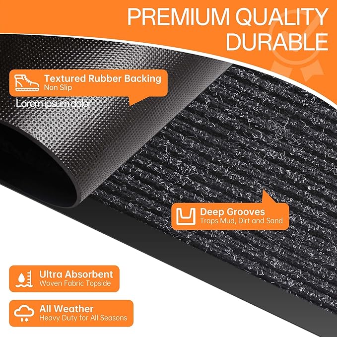 Indoor Outdoor Door Mat, 6' x 2' Doormat for Entryway, Rubber Backing Non Slip Front Door Mat Outside Entrance, Super Absorbent Commercial Floor Mat for Home Office, Black