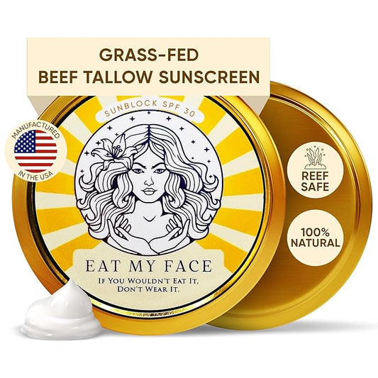 Beef Tallow Sunscreen Organic with Non Nano Zinc Oxide Formula for Daily Protection, 4oz Reef Safe Sunblock, SPF 30 All Natural Chemical Free Sunscreen, Made in USA, Natural Organic Sunblock for Skin