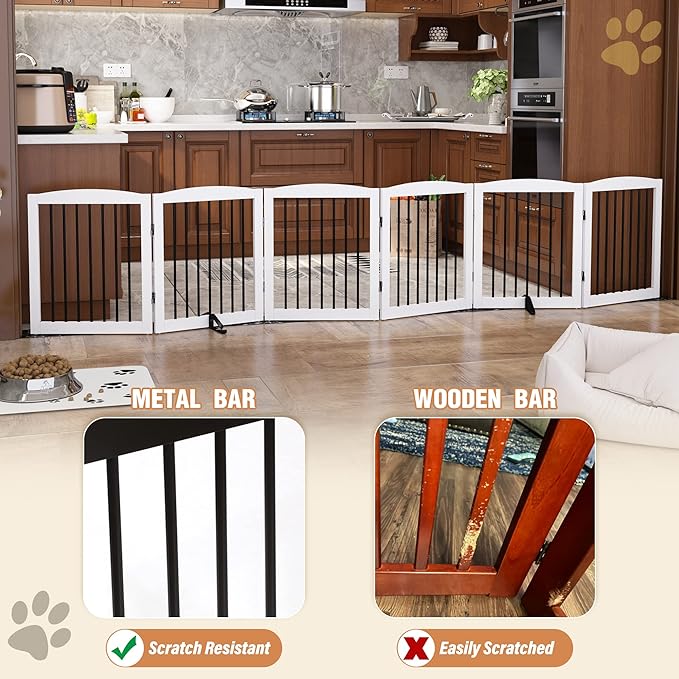 Freestanding Pet Gate for Dogs, Foldable Wooden Dog Gate for House, Extra Wide Indoor Pet Barrier for Stair, Doorway, Hall, Support Feet Included, 120 Inch Wide, 6 Panels 24", White