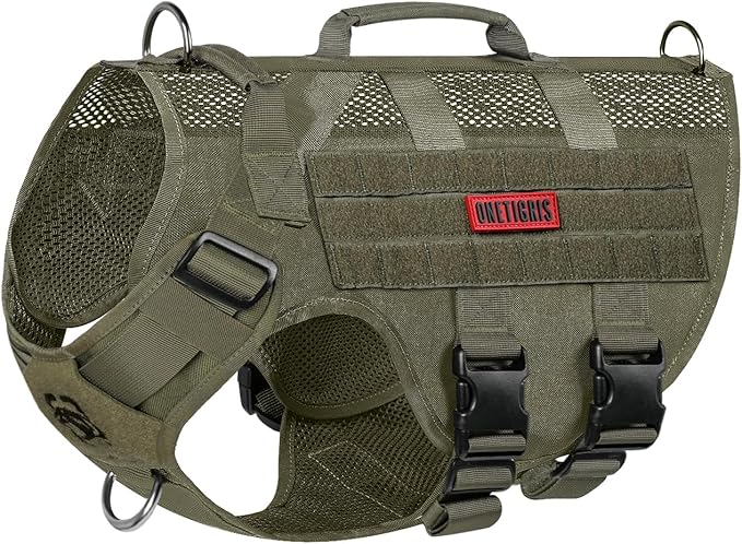 OneTigris No Pull Tactical Dog Mesh Harness for Medium Dogs, Aire Mesh Breathable Military Dog Molle Vests with Handles, Service Dog Vest Harness for Walking Hiking Training Green