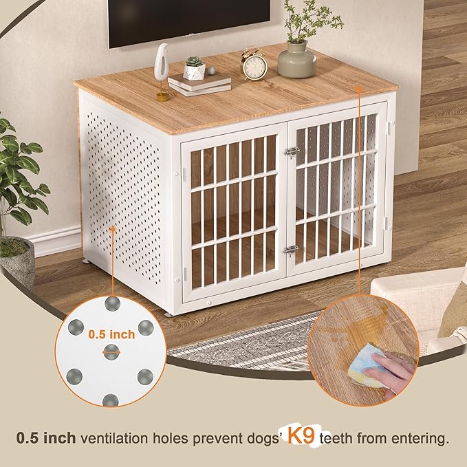 42" Heavy Duty Dog Crate Furniture for Large Dogs, Metal Kennel for High Anxiety Dogs, White Wooden Cage Furniture Indoor, Decorative Dog Kennel End Table, XL