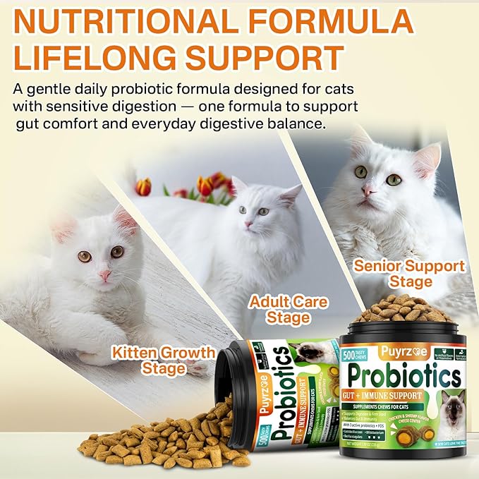 Cat Probiotics & FOS, Gut + Immune Support - 500 Chews Crunchy & Creamy Cheese Core, Probiotic for Digestive and Gut Health, Immunity, Constipation Relief for Cats Kittens - Chicken Shrimp