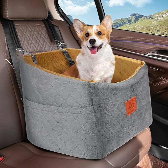 Dog Car Seat for Small Medium Dogs, Memory Foam Booster Car Seat for Dogs up to 35 lbs, Elevated Pet Car Seat, Travel Safety Bed with Washable Removable Cover and Storage Pockets(Gray/Coffee)