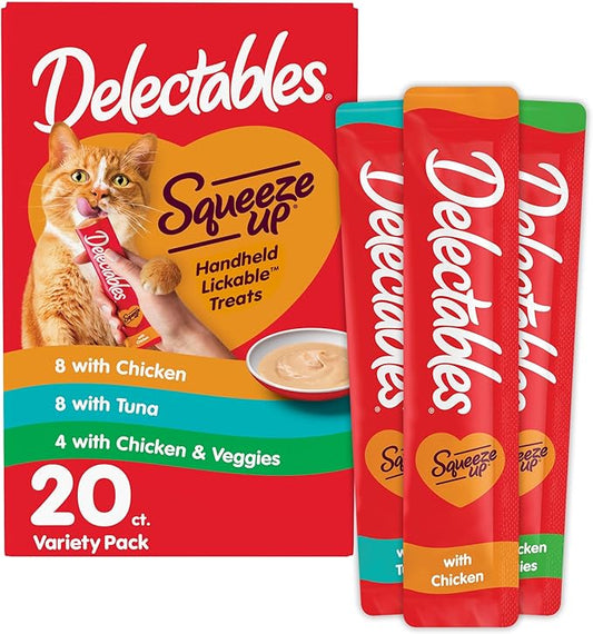 Delectables Squeeze Up Variety Pack, Creamy Squeezable Puree, Lickable Wet Cat Treats, Grain Free, No Added Fillers, No by-Products, No Added Preservatives, 0.5 Ounces Tube, 20 Tubes Total