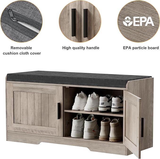 2-Tier Storage Bench, Shoe Bench with Thickened Padded Seat Cushion, Entryway Bench with 2 Doors, Adjustable Shelf, 13.8" D x 37.4" W x 18.5" H, for Entryway, Living Room, Bedroom, Greige