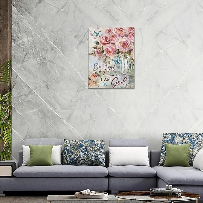 Farmhouse Rose Wall Art Christian Scripture Pictures Pink Rose Wall Decor Rustic Floral Butterfly Canvas Print Painting Artwork for Bathroom Living Room Bedroom 12"x16"