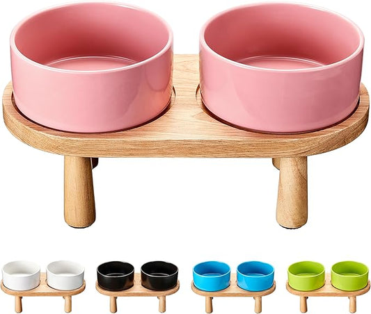 Ceramic Elevated Dog Bowls, Pet Food and Water Bowl Set for Large Dogs, 7.5 Cups Dog Bowls Raised with Wood Stand, 61OZ, Pink