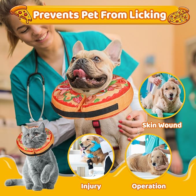 Grand Line Pizza Inflatable Collar for Dog and Cat, Soft Protective Recovery Cone After Surgery, Blow up Pet Donut Collar Cone, E-Collar Alternative Does not Block Vision (Cartoon, Medium)